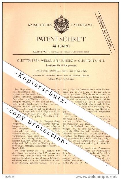 Original Patent - Clettwitzer Werke , J. Treuherz in Klettwitz / Schipkau , 1897 , Preßform für Brikettpressen , Kohle !