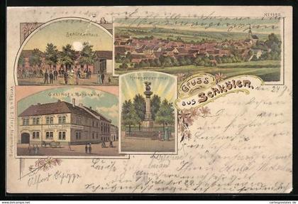 Lithographie Schkölen / Thür., Gasthof zum Ratskeller, Schützenhaus und Kriegerdenkmal