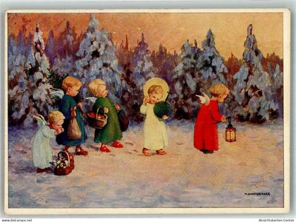 38167882 - Kleine Engel im verschneiten Tannenwald Weihnachten Winter Verlag Josef Mueller Nr. 4318