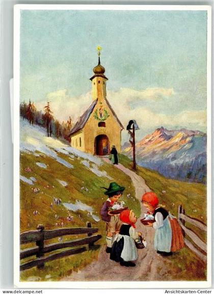 39737867 - Nr. 4443  Verlag Josef Mueller Fruehling in den Bergen  Ostern  Kirchgang  Kinder