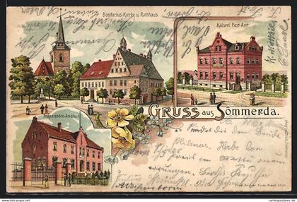Lithographie Sömmerda, Bonifacius-Kirche und Rathhaus, Präparanden-Anstalt, Kaiserl. Post-Amt