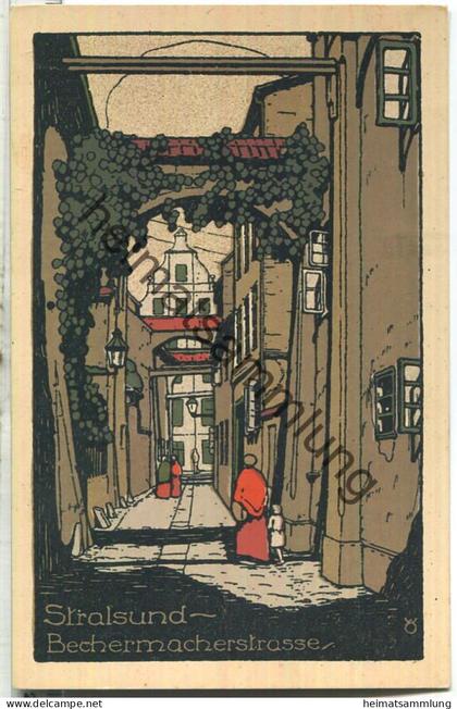 Stralsund - Bechermacherstrasse - Künstler-Steinzeichnung - Verlag Willibald Behm Stralsund