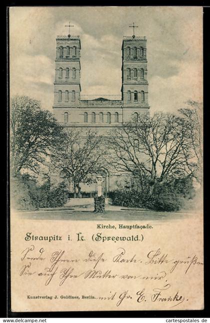 AK Straupitz i. L., Ansicht der Hauptfassade der Kirche