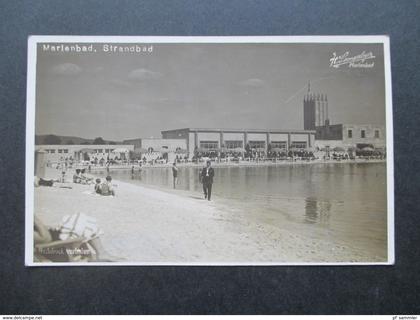 AK / Echtfoto 1929 Tschechien / Sudeten. Marienbad Strandbad. H. Lampalzer. Gastronie am Strand