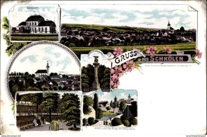 Lithographie Schkölen Thüringen, Bahnhof, Kirche, Konzertplatz im Stadtpark, Kriegerdenkmal, Gesamtansicht