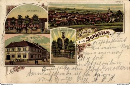 Lithographie Schkölen Thüringen, Schützenhaus, Gasthof zum Ratskeller, Kriegerdenkmal