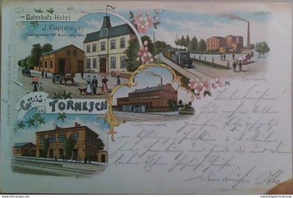 ! 1900 tolle Lithokarte Gruss aus Tornesch, Bahnhofshotel, Fabriken, Bahnhof, Bahnpoststempel, Verlag Kröger, Blankenese
