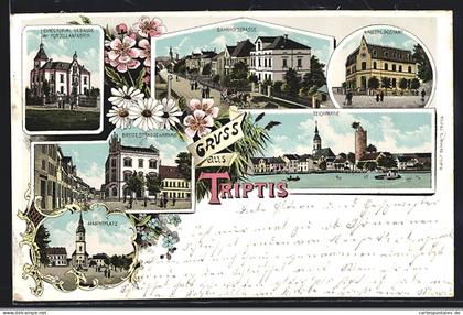 Lithographie Triptis, Bahnhofstrasse, Kaiserl. Postamt, Marktplatz
