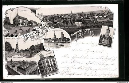Lithographie Triptis, Rathaus, Postamt, Porzellanfabrik