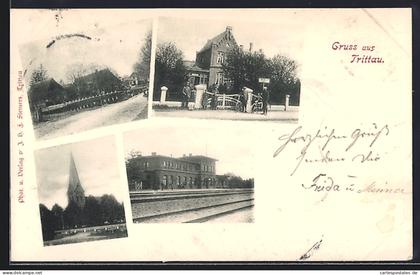 AK Trittau, Bahnhof, Kirche und Strassenpartie