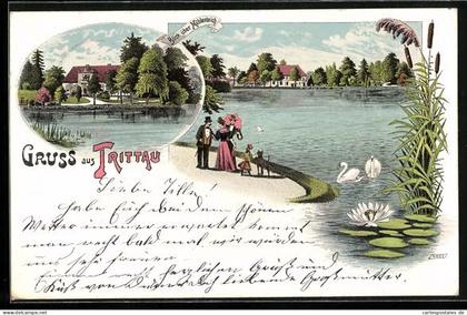 Lithographie Trittau, Blick über Mühlenteich, Ortsansicht