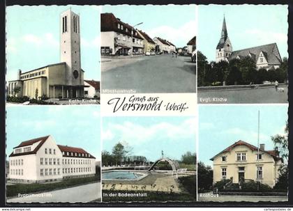 AK Versmold /Westf., Kath. Kirche, Münsterstrasse, Evgl. Kirche, Progymnasium, Badeanstalt, Rathaus