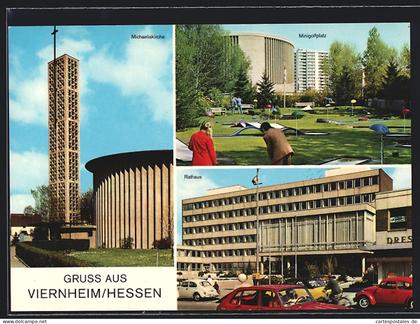 AK Viernheim /Hessen, Michaeliskirche, Rathaus, Minigolfplatz