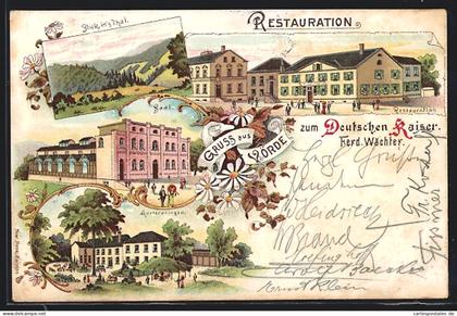 Lithographie Voerde / Ennepetal, Restauration zum Deutschen Kaiser, Saal, Gartenanlage