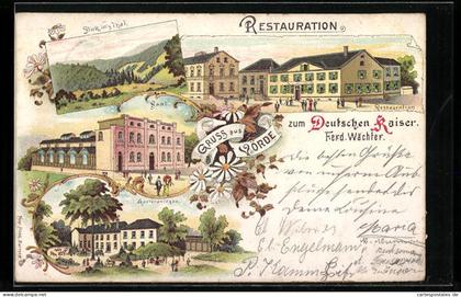 Lithographie Voerde, Restauration zum Deutschen Kaiser, Saal, Gartenanlagen