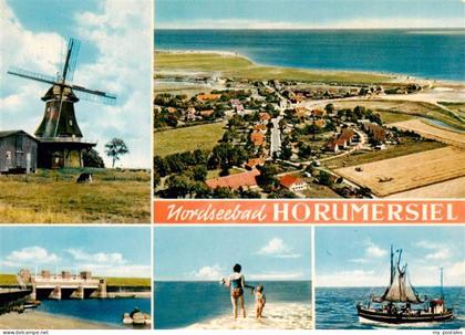 Horumersiel Wangerland Muehle Fliegeraufnahme Bruecke Strand Krabbenkutter