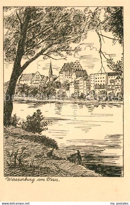 Wasserburg Inn Partie am Inn Zeichnung
