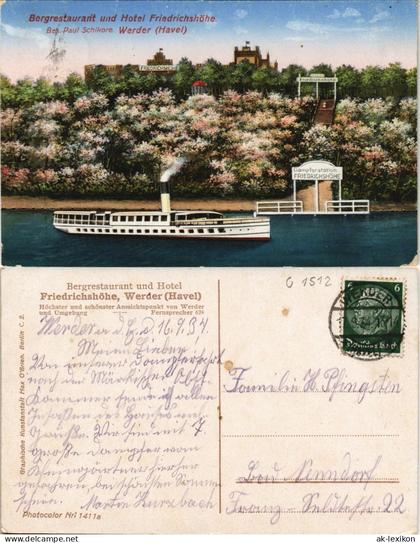 Ansichtskarte Werder (Havel) Friedrichshöhe - Dampfer 1934