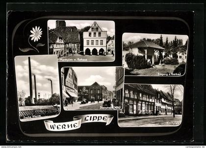 AK Werne / Lippe, Marktplatz mit Rathaus, Eingang zum Freibad, Kirchplatz, Kohlenzeche Werne, Steinstrasse 1952