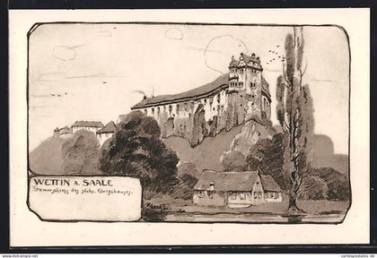 Künstler-AK Wettin, Stammschloss und Umgebung