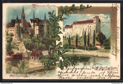 Lithographie Wettin, Partie an der Albrechtsburg