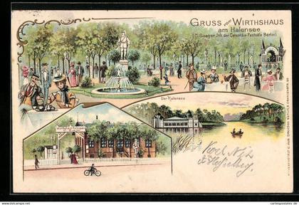 Lithographie Berlin-Halensee, Gasthaus am Halensee, Springbrunnen