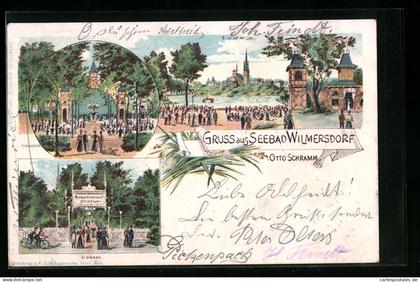 Lithographie Berlin-Wilmersdorf, Gasthaus Seebad Wilmersdorf Otto Schramm mit Garten und Ortsblick