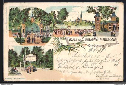 Lithographie Berlin-Wilmersdorf, Seebad Wilmersdorf Otto Schramm, Blick auf Eingang, See und Orchester