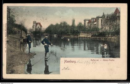 AK Hamburg-Winterhude, Bellevue, Angler an der Alster