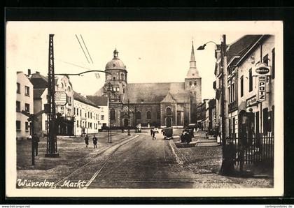 AK Würselen, Blick auf den Markt mit Geschäften und Kirche