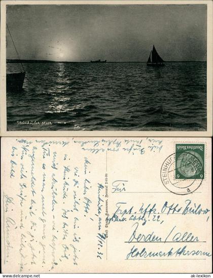 Ansichtskarte Wunstorf Steinhuder Meer Segelboote Mondschein 1938