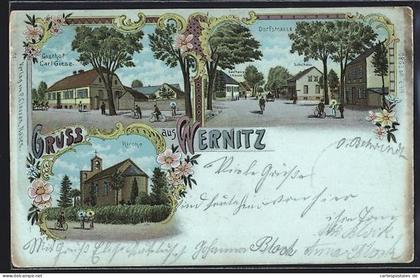 Lithographie Wernitz / Wustermark, Gasthof Carl Giese, Strassenpartie, Kirche