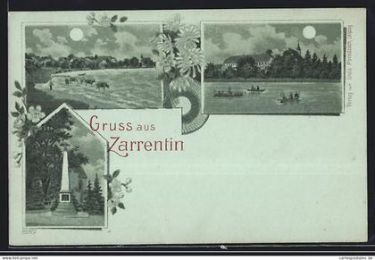 Mondschein-Lithographie Zarrentin, Ortsansicht bei Vollmond, Denkmal