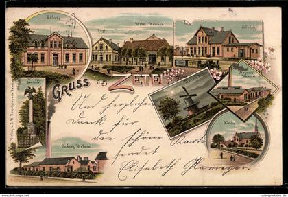 Lithographie Zetel, Hotel Hemken, Bahnhof, Meynen`s Weberei, Onken`s Weberei