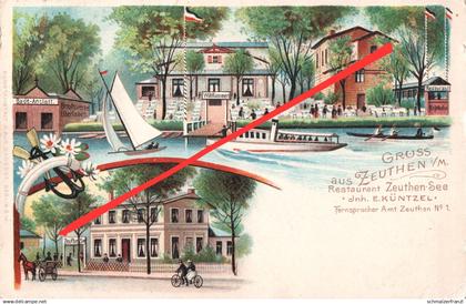 Litho AK Gruß Zeuthen Gasthof Restaurant Zeuthener See Badeanstalt Fähre a Wildau Eichwalde Königs Wusterhausen Berlin