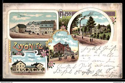 Lithographie Zwönitz, Kaiserliches Postamt, Bahnhof und Felsenkeller-Brauerei