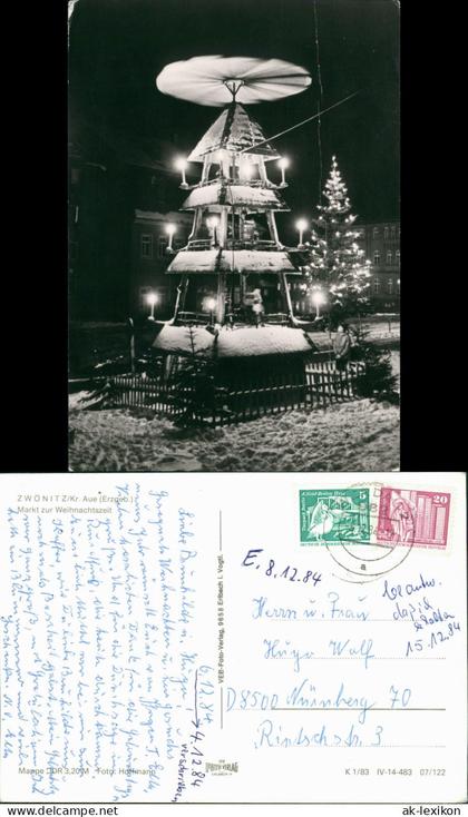 Zwönitz (Erzgebirge) Markt zur Weihnachtszeit, Paramide bei Nacht 1983