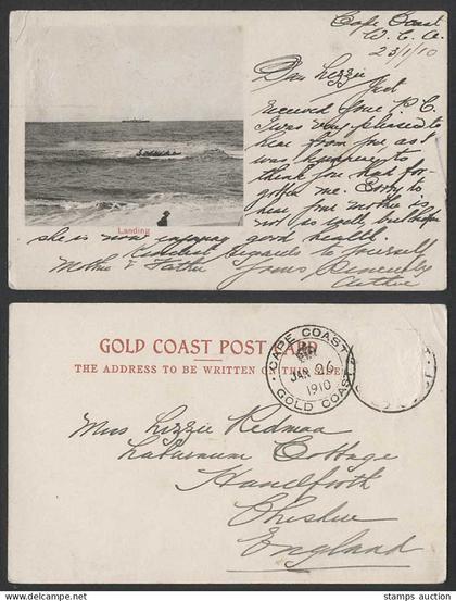 Gold Coast Ghana, Cape Coast to Handforth 1910 Old UB Postcard Landing Boat Ship