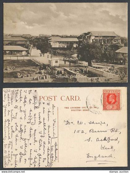Gold Coast Ghana KE7 1d stamp 1906 Old Postcard Sekondi, Street Scene, Panorama