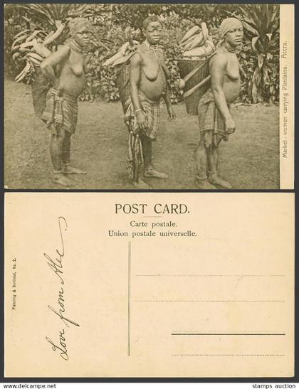 Gold Coast Ghana Old Postcard Accra Market, Native Women Carrying Plantains No.2