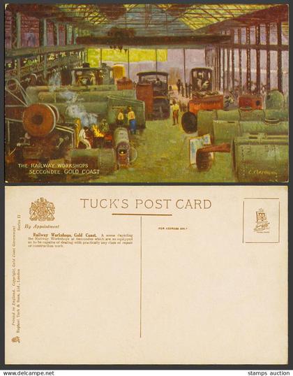 Gold Coast Ghana SECCONDEE Railway Workshops Old Tuck's Postcard C. Cheeswan Art
