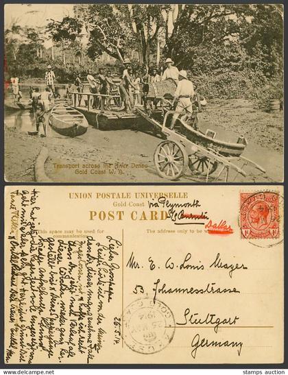 Gold Coast WA KG5 1d 1914 Old Postcard Transport across River Densu, Boats, Cart
