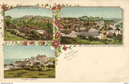 PC GHANA GOLD COAST ELMINA SCENES VINTAGE LITHO POSTCARD (b69251)