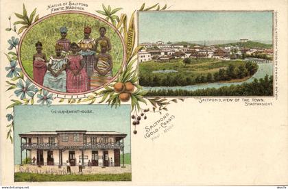 PC GHANA GOLD-COAST SALTPOND SCENES VINTAGE LITHO POSTCARD (b69226)
