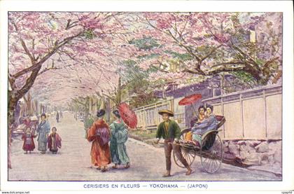 CPA Japon Nippon Cerisiers en fleurs Yokohama Folklore