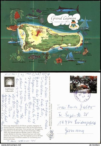 George Town (Cayman Islands) Cayman Islands Map Postcard, Insel Landkarte 1994