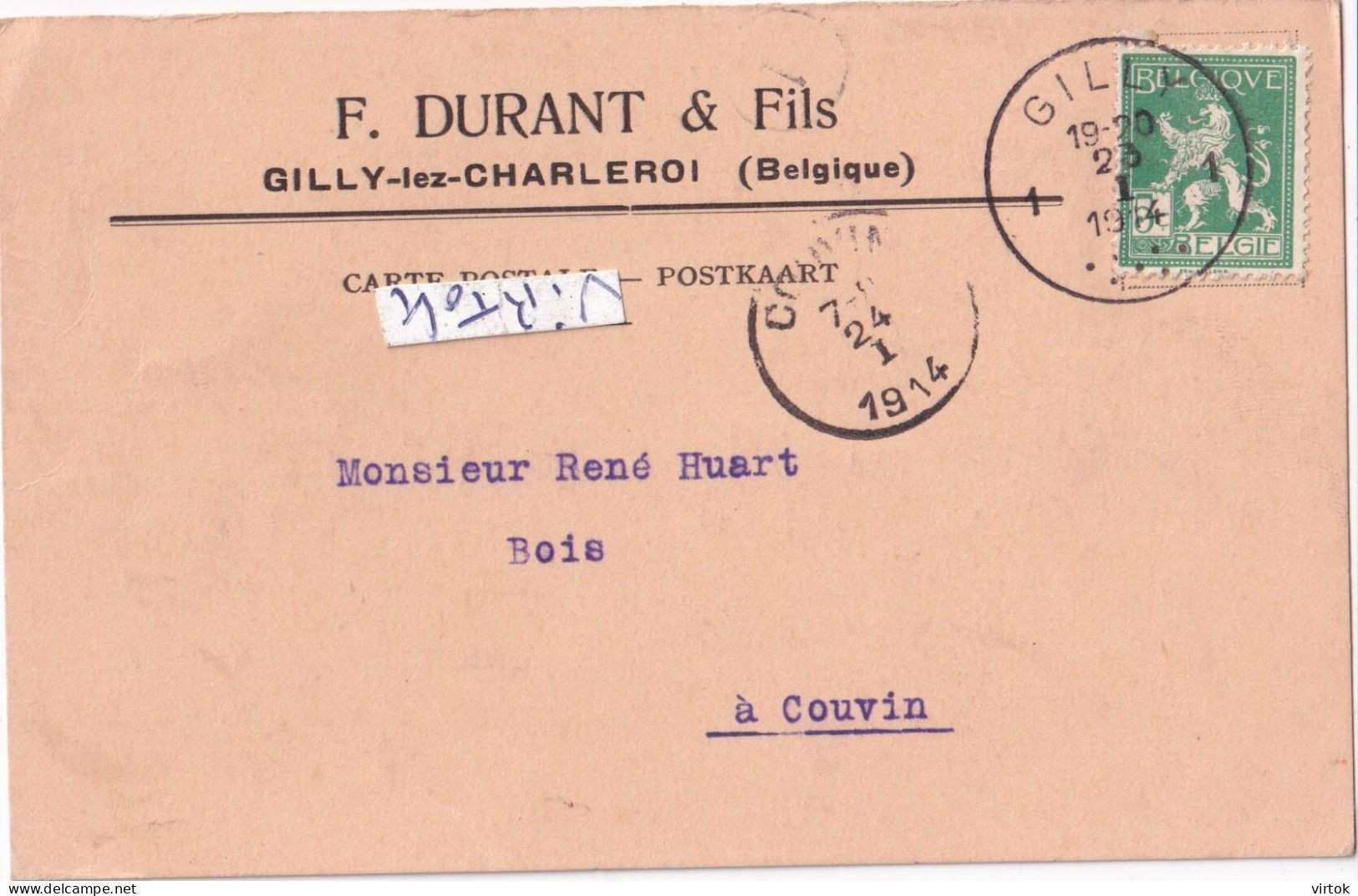 Gilly :  F. Durant & Fils   1914 ( voir scans   ) MARCOPHILIE