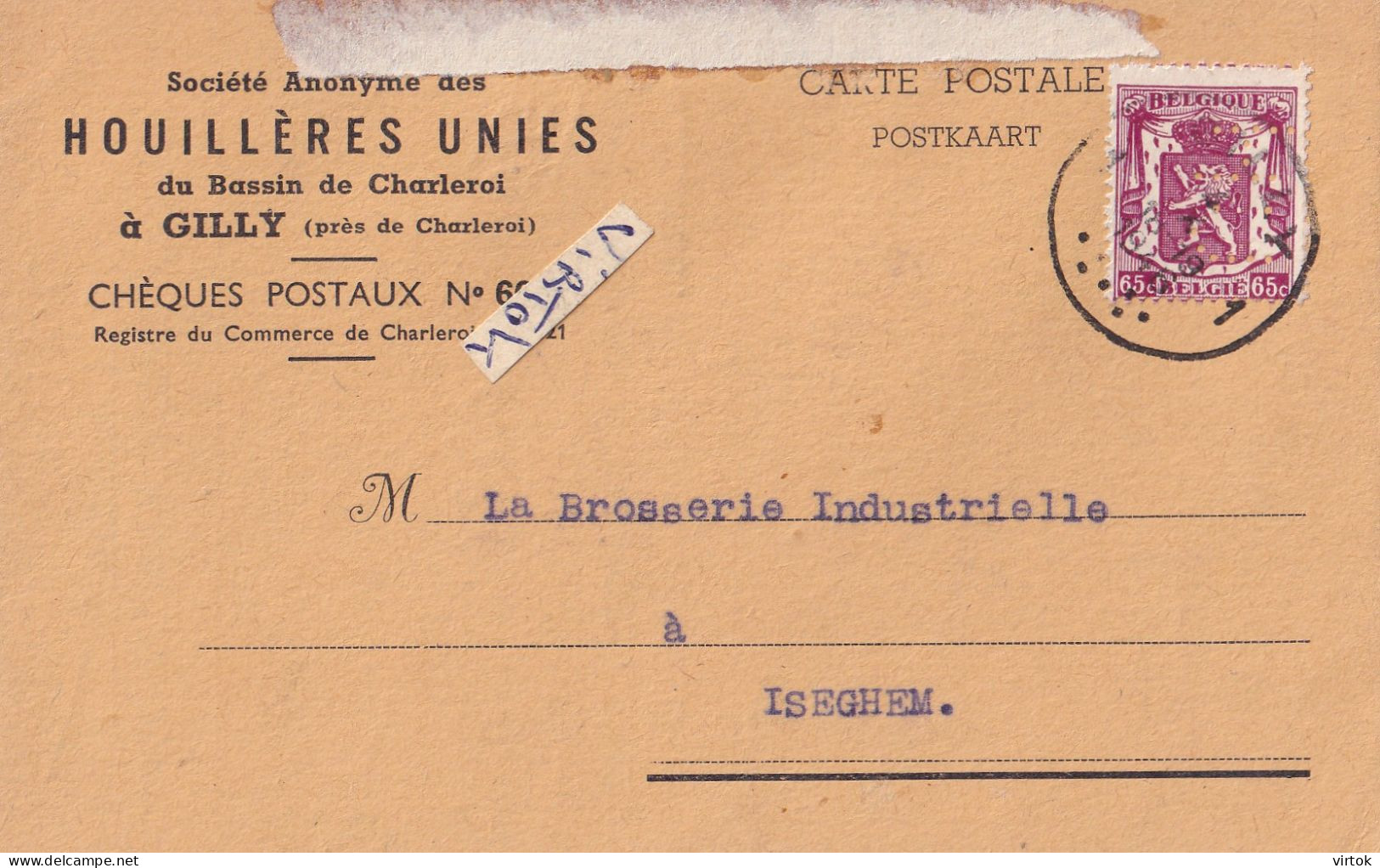 GILLY :  Houillères Unies   (  Brosserie Izegem )   1946