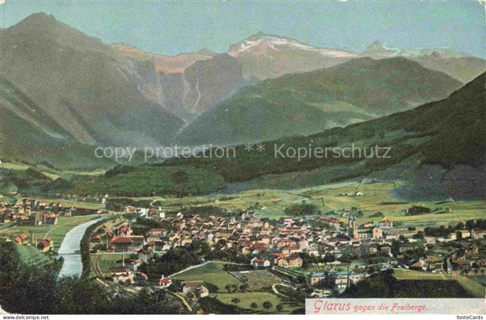 GLARUS Glaris GL Freiberge Fluss Tal Ortschaft Berge Panorama Alpen