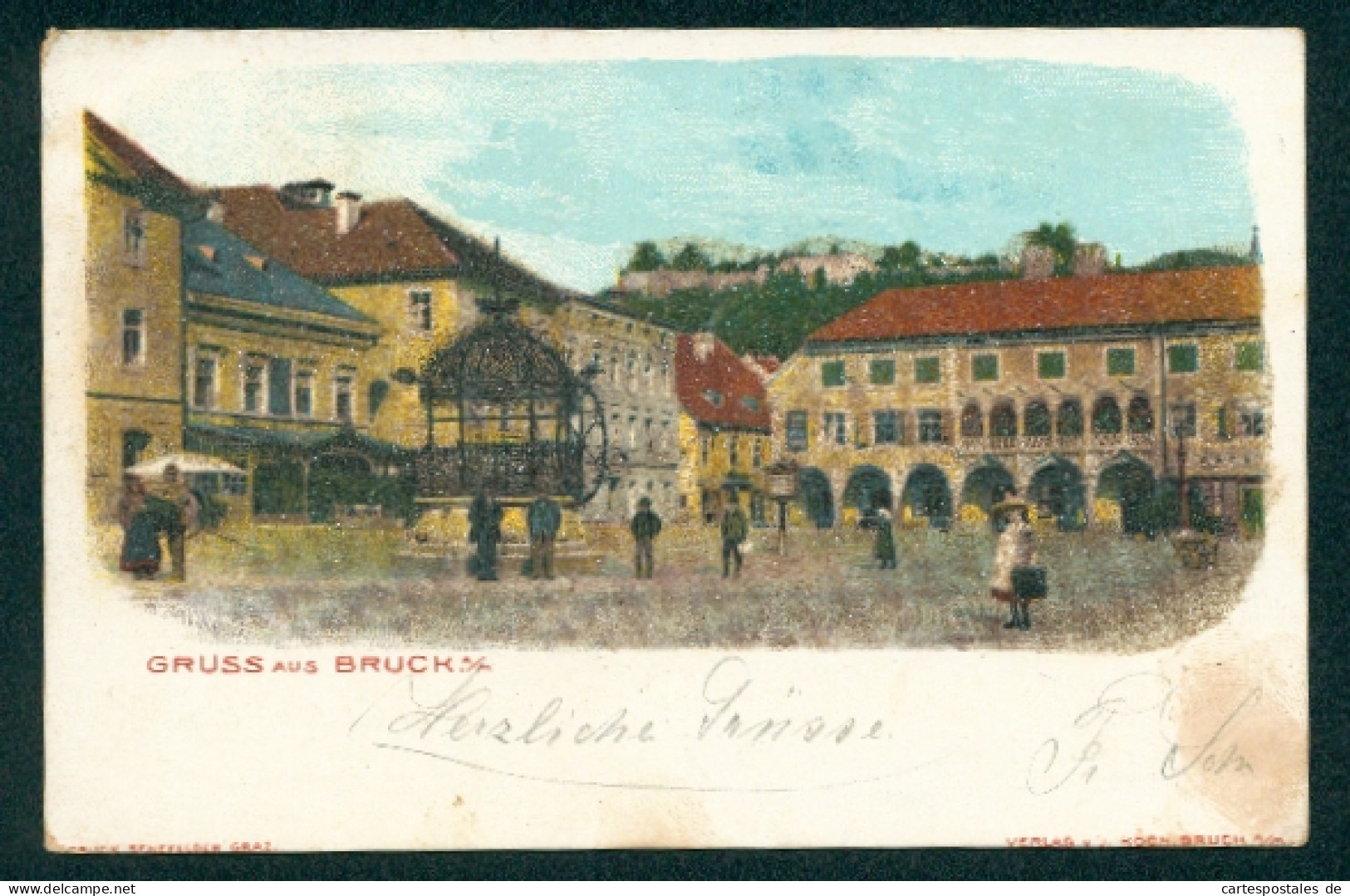 Glitzer-Perl-AK Bruck a. M., Platzansicht mit Glitzer-Perlen